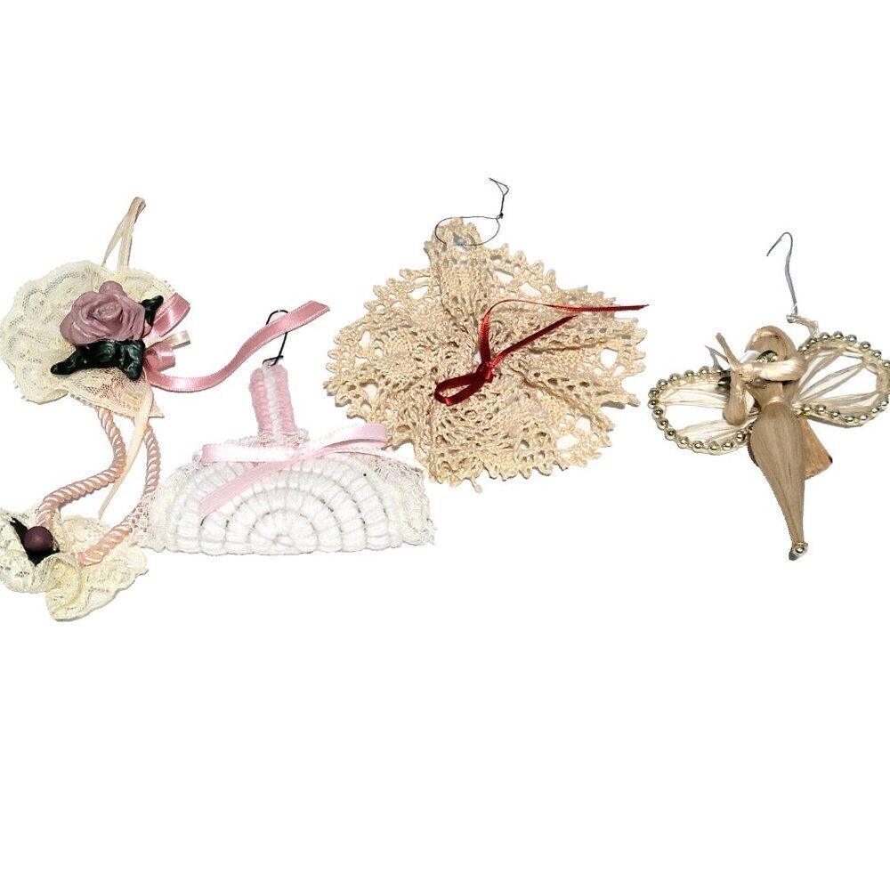 Vintage Christmas Ornaments Lace Corn Husk Ribbon Flower Straw Lot of 4 - Picture 1 of 3